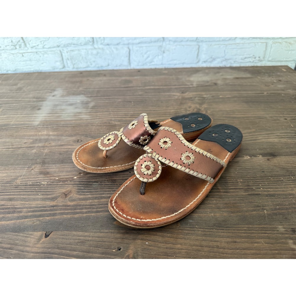 Jack Rogers Women's Metallic Bronze Leather Thong‎ Whipstitch Sandals, Size 8M